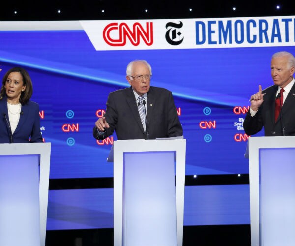 democratic presidential candidate kamala harris, bernie sanders, joe biden all speak at the same time at the debate