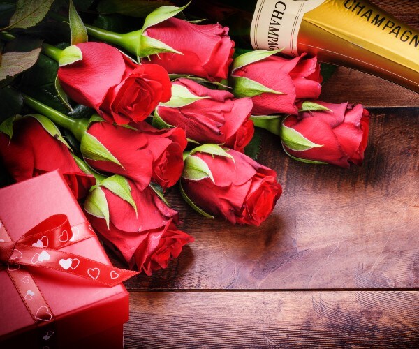 roses, champagne, chocolates  