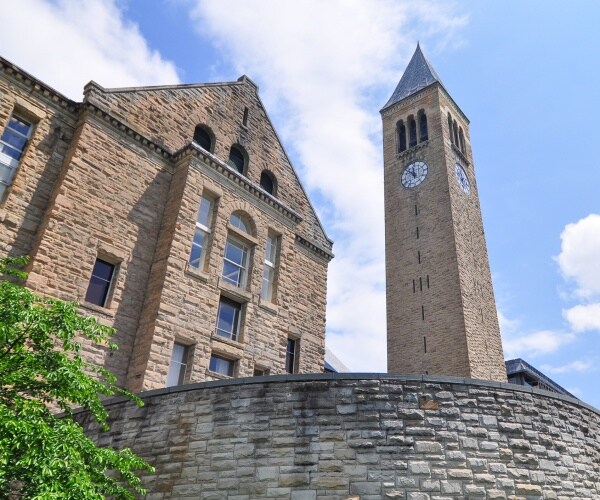 clock tower on cornell campus is shown
