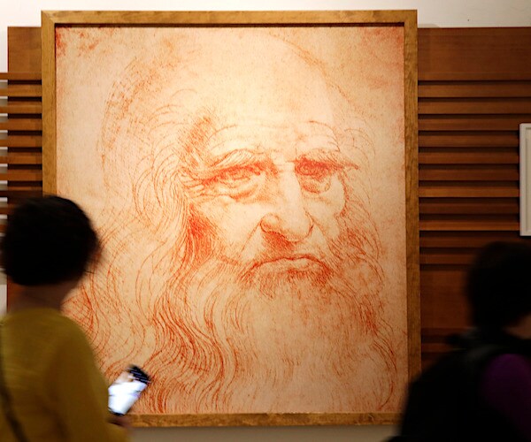 a portrait drawing of painter, scientist, and inventor Leonardo Da Vinci during a permanent exhibition