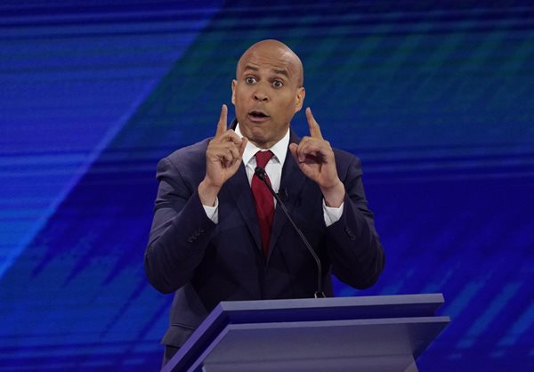 sen. cory booker responds to a questions during a democratic presidential primary debate
