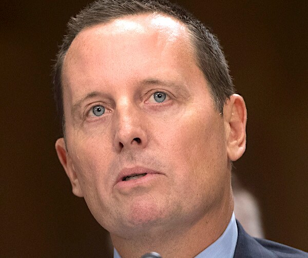 ric grenell looks up and speaks during a senate hearing
