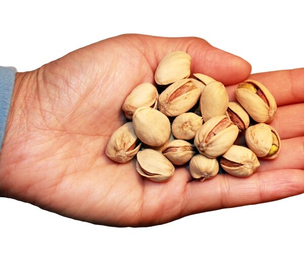 a palm of hand with pistachio nuts 