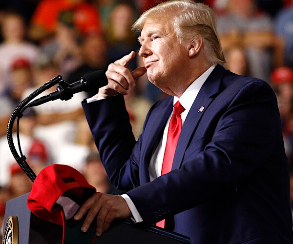 president donald trump points his right index finger to his temple at a campaign rally in new hampshire