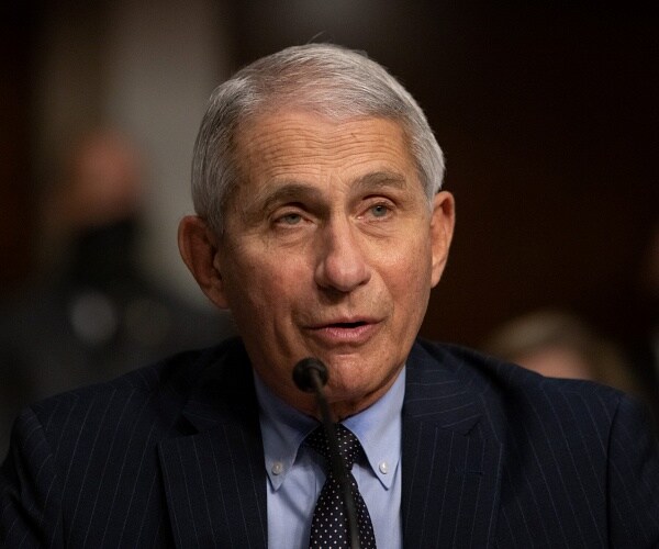 anthony fauci sits behind microphone