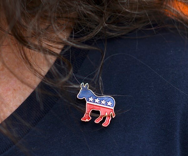 a democratic donkey  pin on a lapel