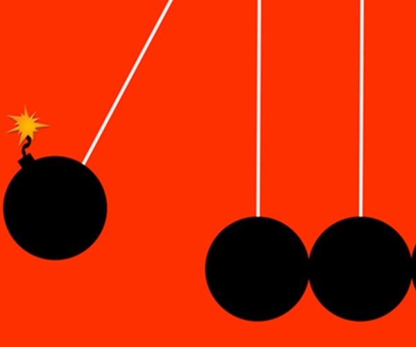 one burning black time bomb on rope to left about to swing into four other bombs in a row amid orange background