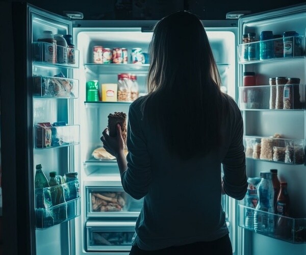woman looking into refrigerator at night