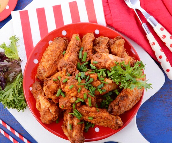 spicy chicken wings with red, white and blue color theme. 
