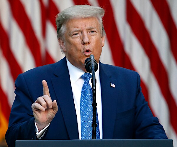 president donald trump points up while delivering his anti-riot speech in front of an american flag