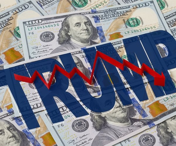 background of dollars and arrow down and the relationship with the presidency trump 

