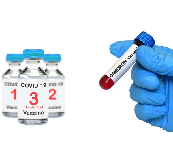 blood test positive for omicron, syringe with COVID booster shot