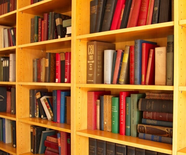 books sitting in a wooden book shelf 