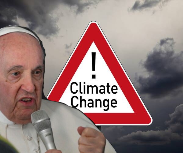 a photo of pope francis in front of an illustration of a road sign reading climate change