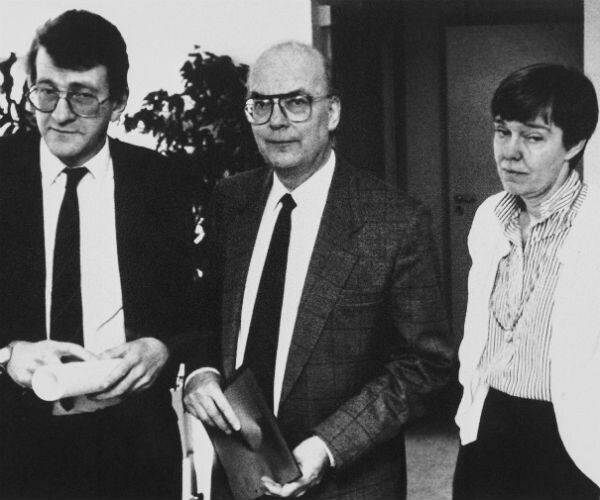 a black and white file photo shows three prosecutors in the assassination of swedish prime minister olof palme