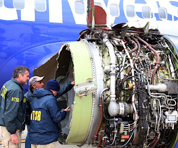 plane engineers examine damage on a passenger jet's left engine