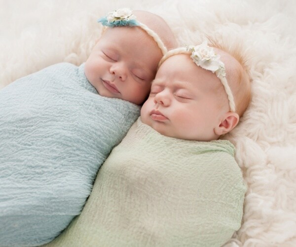 twin baby girls swaddled in blankets