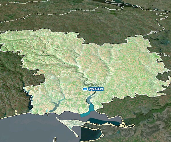Mykolayiv - region of Ukraine zoomed and highlighted with capital. Satellite imagery. 3D rendering