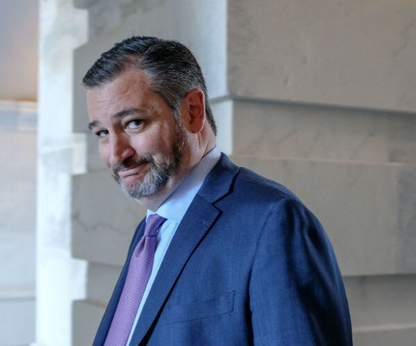 ted cruz is seen sporting a beard in blue suit, dress shirt and purple tie