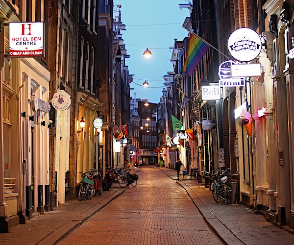 A general view near the "Red Light District" which comes from the red neon lights that highlight the windows