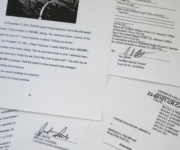 fanned out pages of an indictment of former president donald trump