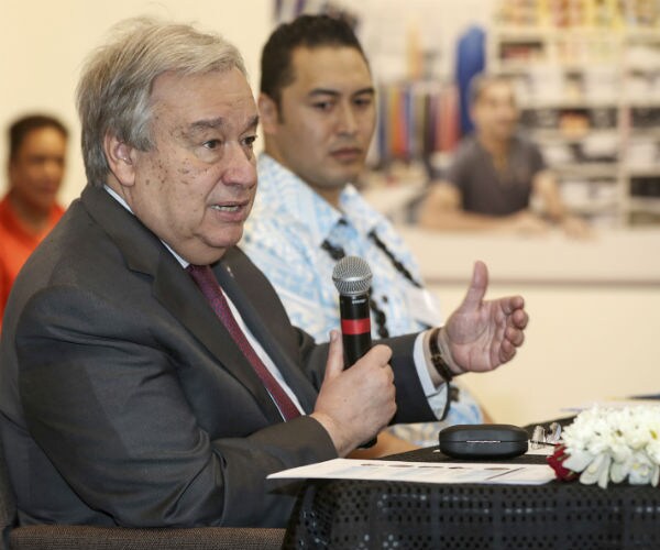 United Nations Secretary-General António Guterres gestures during a roundtable event 