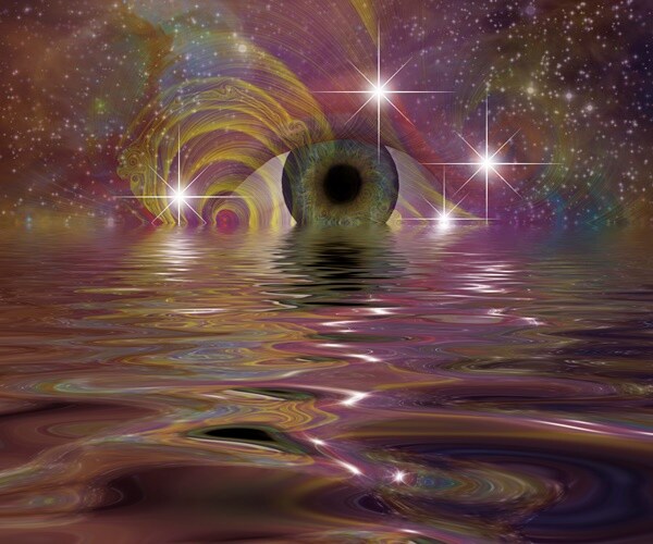 an eye reflected against lights and water