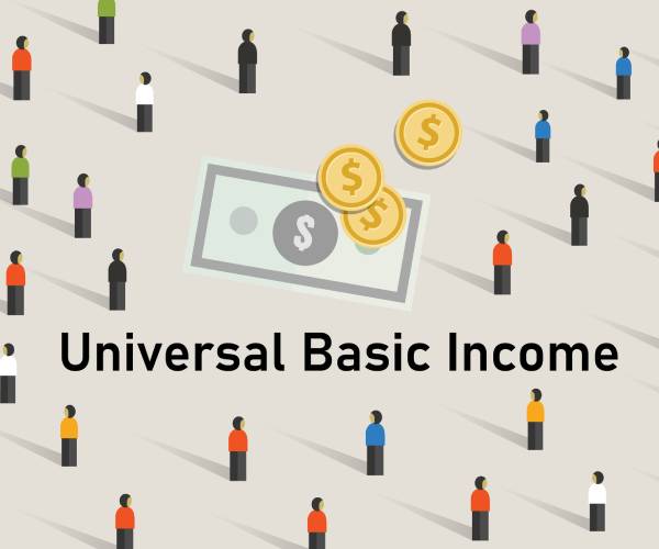 illustration  of people surrounding money and the words universal basic income