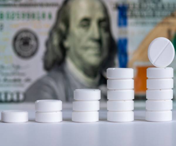 pills stacked into piles resembleming a chart in front of a one hundred dollar bill