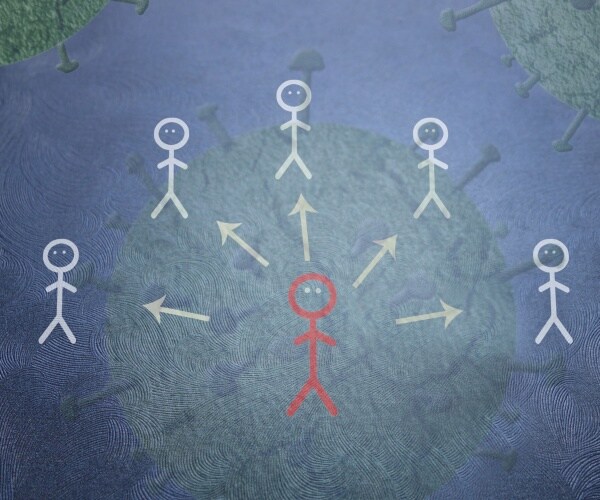 stick figures illustrating a person contagious with COVID spreading to others