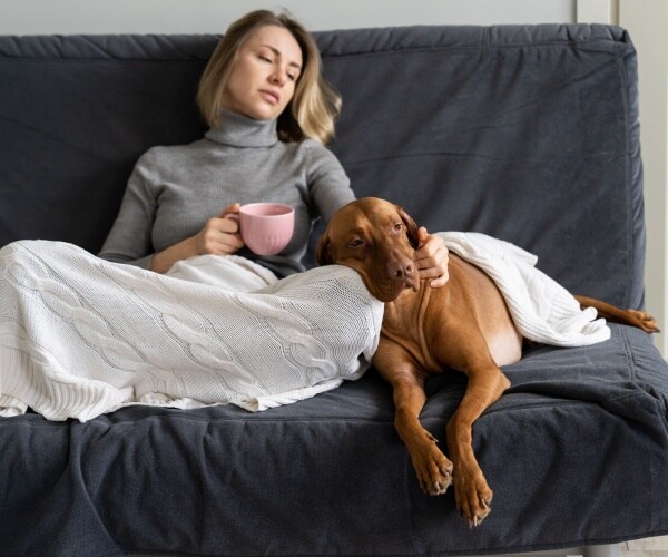 woman looking stressed sitting on couch with coffee and her dog right beside her