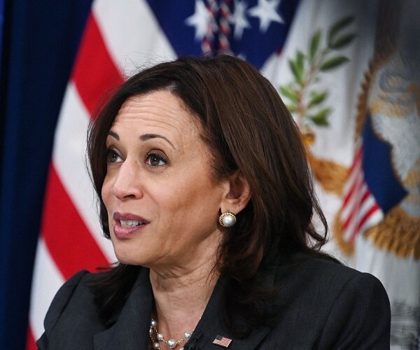 kamala harris sits at table