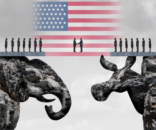 illustration of republicans and democrats shaking hands in front of an american flag