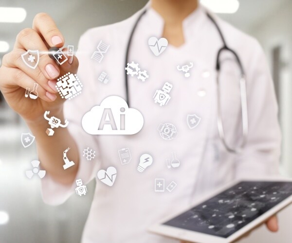 doctor holding iPad and graphic says AI