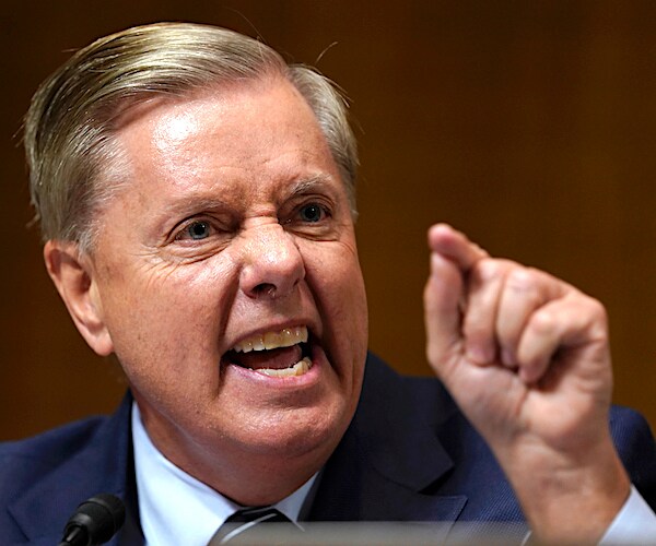 South Carolina Sen. Lindsey Graham angrily points at Senate Judiciary Committee Democrats for their 11th-hour tactics