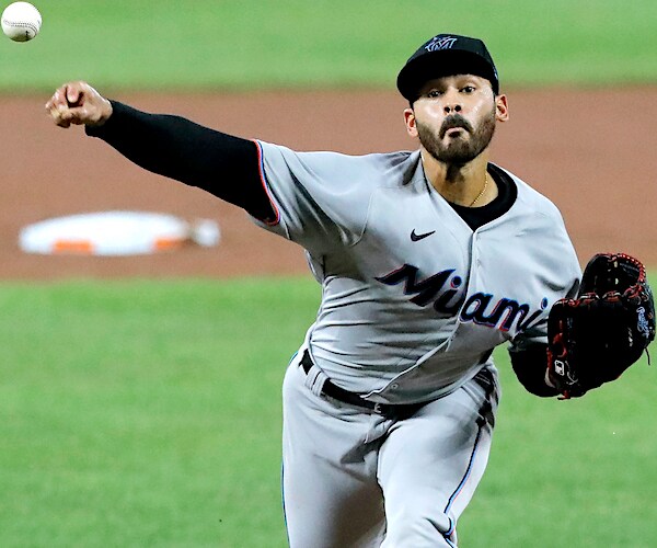 Miami Marlins starting pitcher Pablo Lopez throws a pitch in their return to action Tuesday after a long layoff