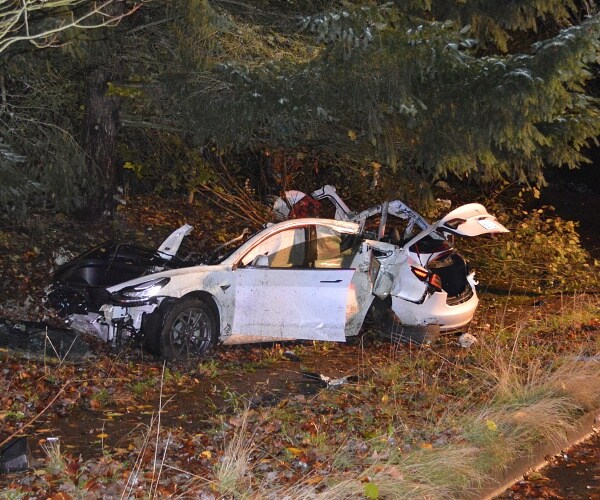 crashed tesla on the side of the road
