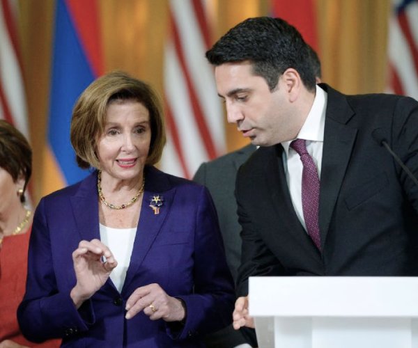 house speaker nancy pelosi attending a joint news conference in armenia