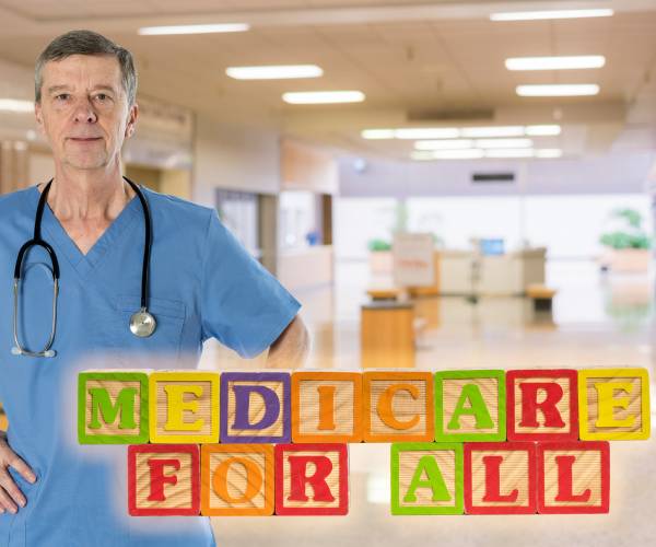 medical professional with stethoscope around his neck with words medicare for all spelled out with blocks
