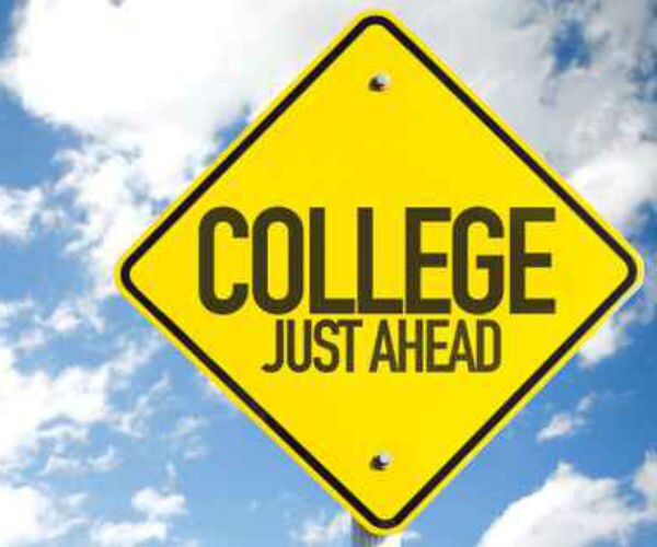 a graphic shows 'college just ahead on a yellow yield sign