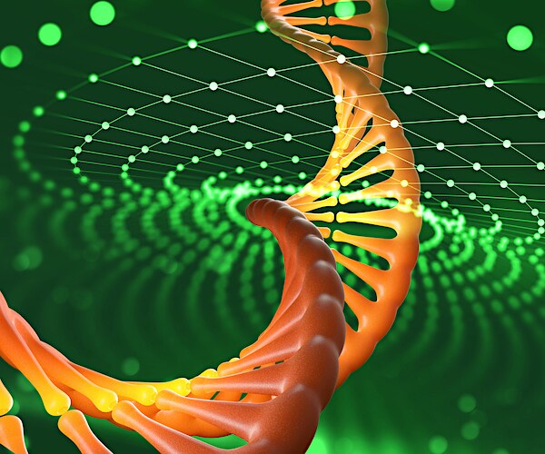 3D illustration of a DNA molecule helix with a nanotech network