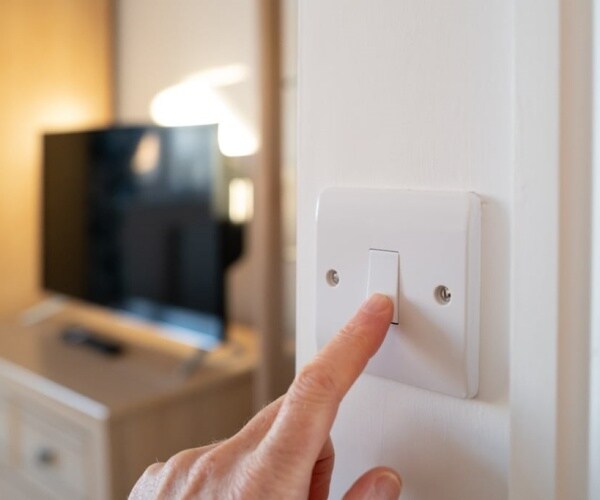 woman turning off light in home at night