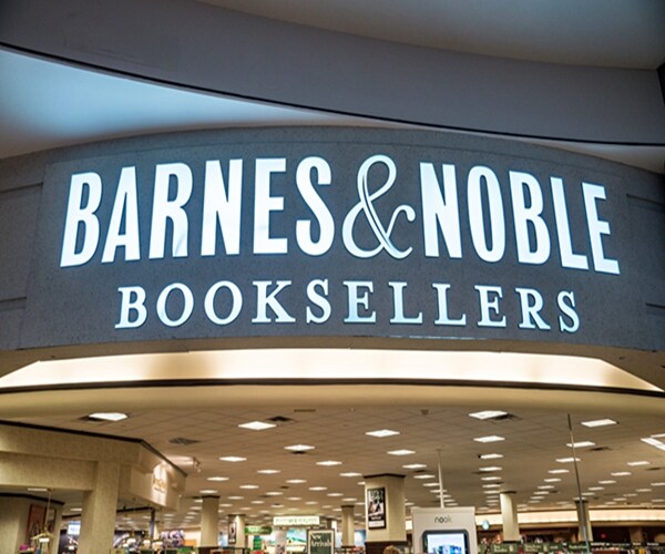 Barnes and Noble logo on storefront in white lights in Mall of America, in Minneapolis 