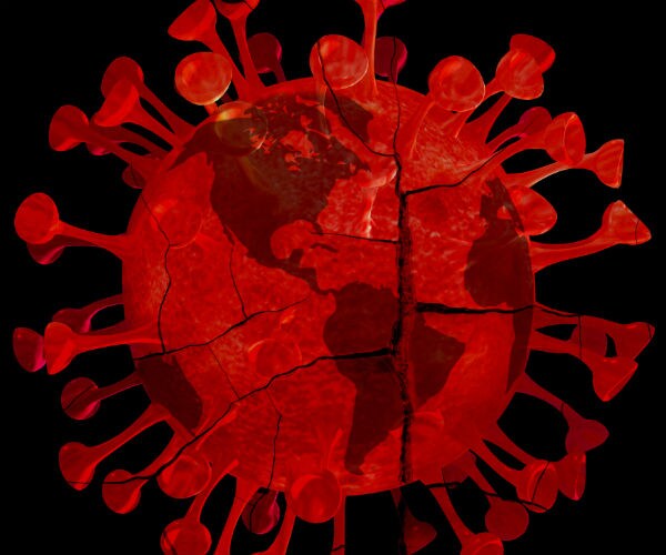 covid-19 graphic is seen in red on a black background