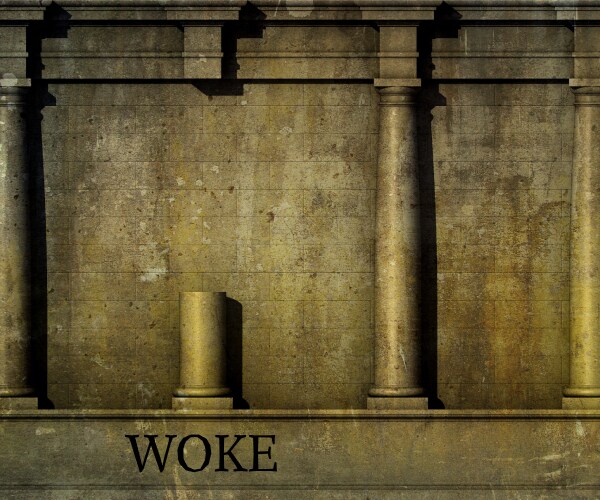 a series of greek columns interrupted by one that is shortened and labeled woke