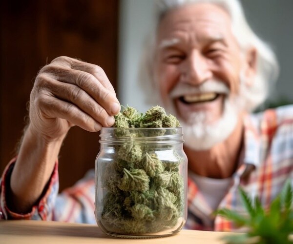 man putting cannabis in jar