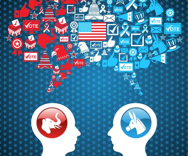 a graphic of two heads with political thoughts bubbles above them