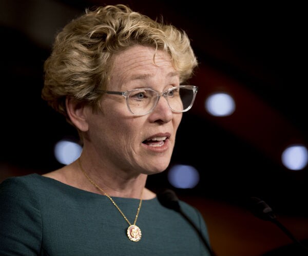 congresswoman chrissy houlahan, wearing a green dress, necklace and clear eye glasses, speaks at a news conference 