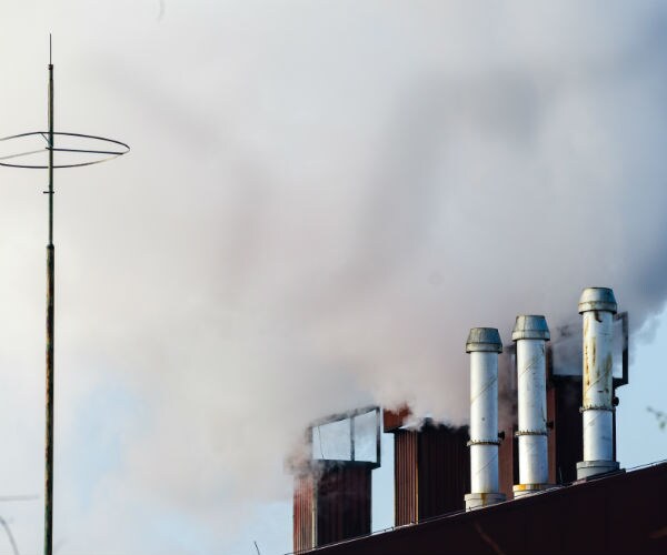 multiple coal fossil fuel power plant smokestacks emit carbon dioxide pollution of environment and air