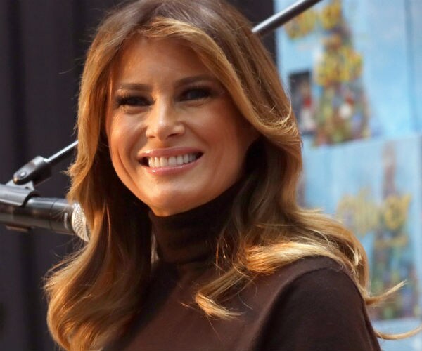 First lady Melania Trump is seen speaking at the white house in brown attire